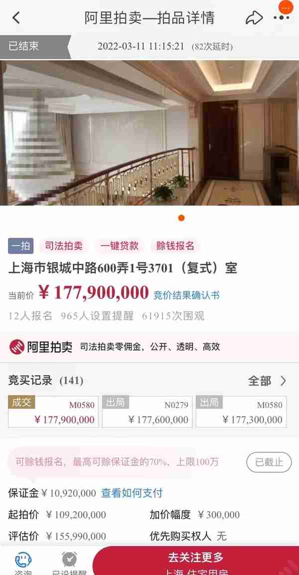 30万/平方米！上海一套法拍房1.78亿成交，背后实控人被千万悬赏