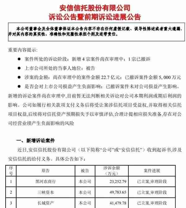 因“兜底函”安信信托再遭讨债，浙商银行、长城资产“入坑”