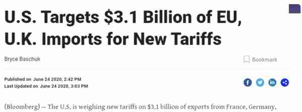 ​小到土豆，大到卡车，美国对欧洲发起贸易战，拟对31亿美元商品征税，欧美股市全线跳水